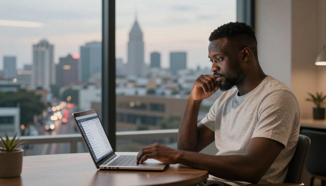 A man in a gray t-shirt sits at a table using a laptop, with a thoughtful expression. Behind him, a cityscape is visible through a large window, showing tall buildings and dimly lit streetlights. A small potted plant is on the table.
