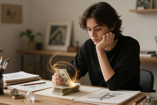 A person in a black shirt sits at a desk, holding a stack of dollar bills with glowing swirls around them. Art supplies and sketches are on the table.