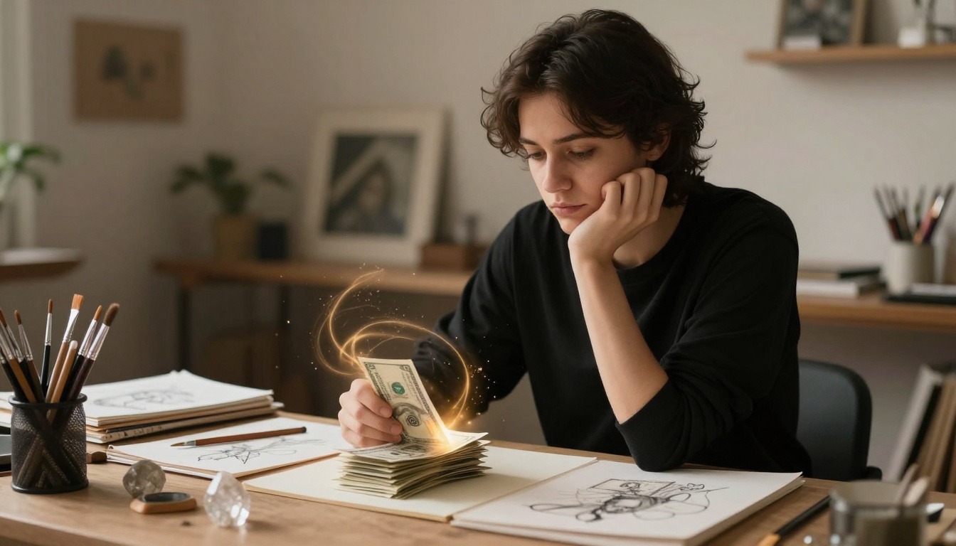A person in a black shirt sits at a desk, holding a stack of dollar bills with glowing swirls around them. Art supplies and sketches are on the table.