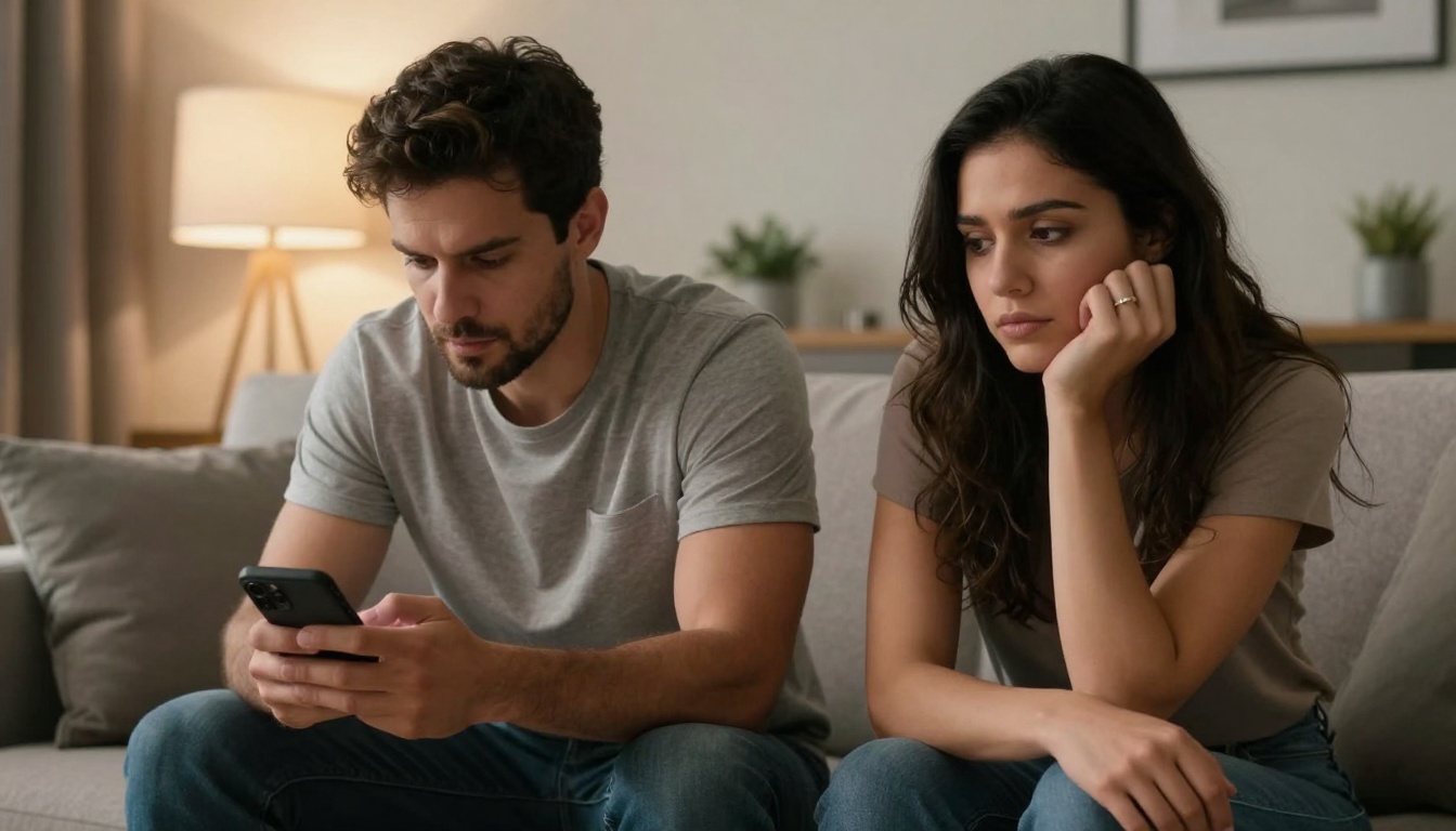 A man and woman sit on a couch, both wearing gray shirts. The man is focused on a smartphone, while the woman looks thoughtful, resting her chin on her hand. A lamp and potted plants are visible in the background.