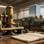 A vintage brass telegraph machine on a wooden table with an open notebook and pen. A model steam locomotive is in the blurred background.