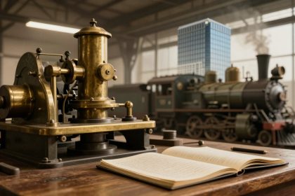 A vintage brass telegraph machine on a wooden table with an open notebook and pen. A model steam locomotive is in the blurred background.
