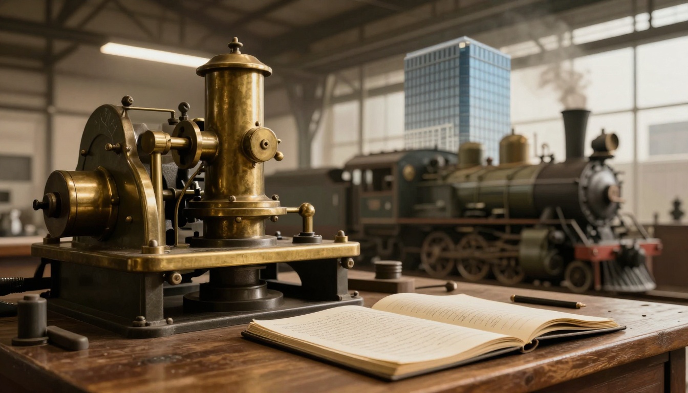 A vintage brass telegraph machine on a wooden table with an open notebook and pen. A model steam locomotive is in the blurred background.