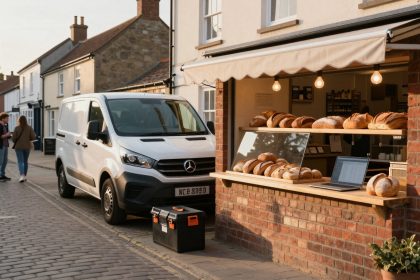 A white van parked beside a bakery with a brick facade. The bakery displays various loaves of bread and has a laptop on the counter. A toolbox is on the ground, and two people are walking on the cobblestone street.