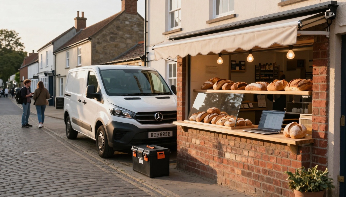 A white van parked beside a bakery with a brick facade. The bakery displays various loaves of bread and has a laptop on the counter. A toolbox is on the ground, and two people are walking on the cobblestone street.
