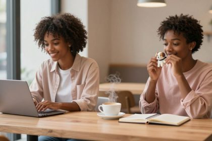 Two people with curly hair sit at a wooden table in a cafe. One uses a laptop, wearing a light pink shirt. The other, in a similar shirt, holds a small dog figurine and has an open notebook. A steaming cup of coffee is on the table.