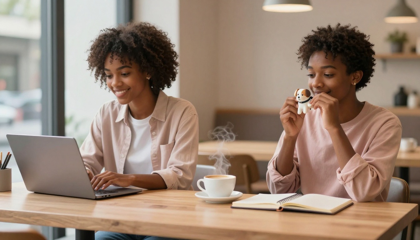 Two people with curly hair sit at a wooden table in a cafe. One uses a laptop, wearing a light pink shirt. The other, in a similar shirt, holds a small dog figurine and has an open notebook. A steaming cup of coffee is on the table.