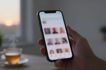 A hand holding a smartphone displaying a blurred app with profile pictures. A glass cup of tea and a plant are in the background at sunset.