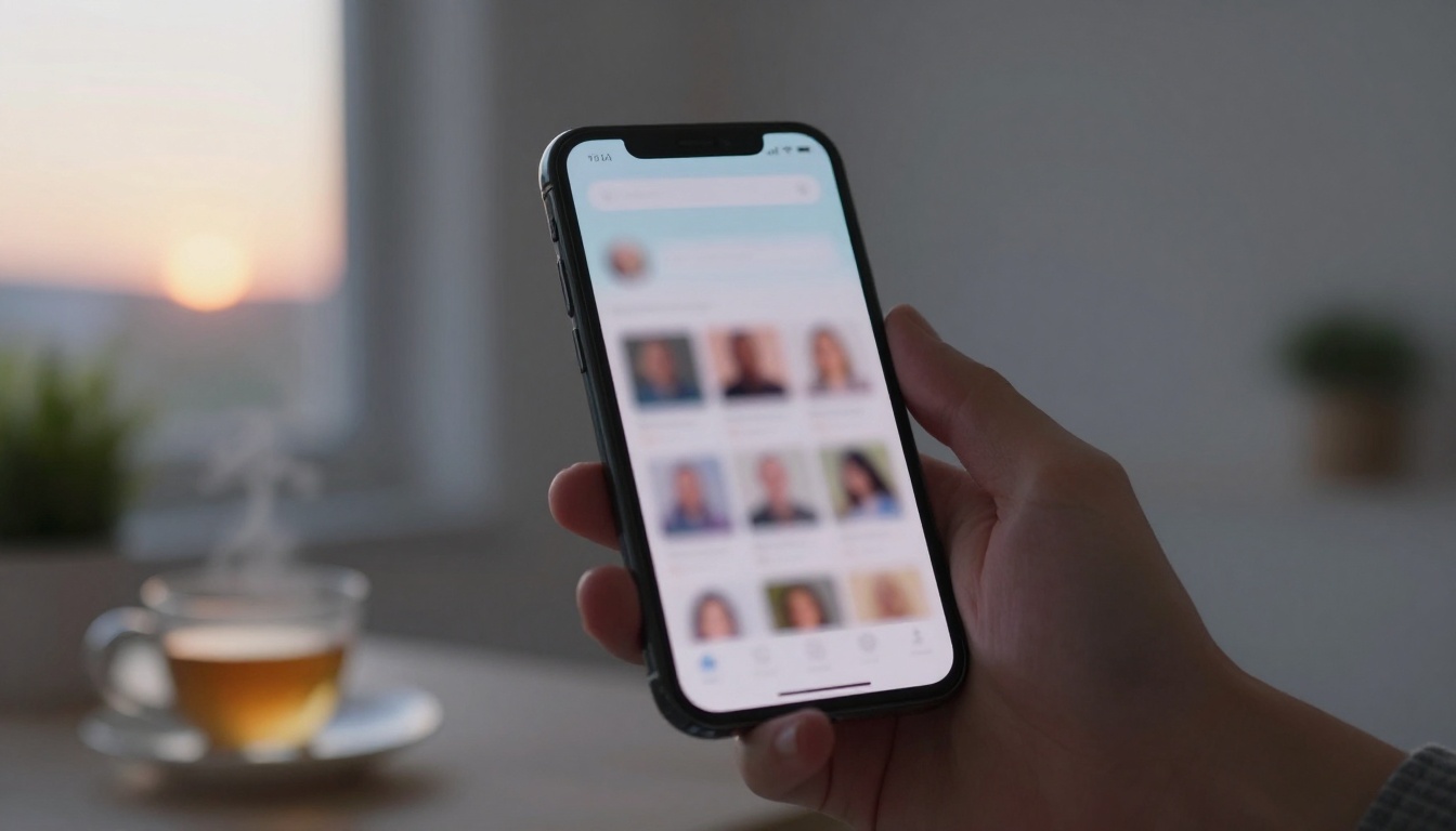 A hand holding a smartphone displaying a blurred app with profile pictures. A glass cup of tea and a plant are in the background at sunset.