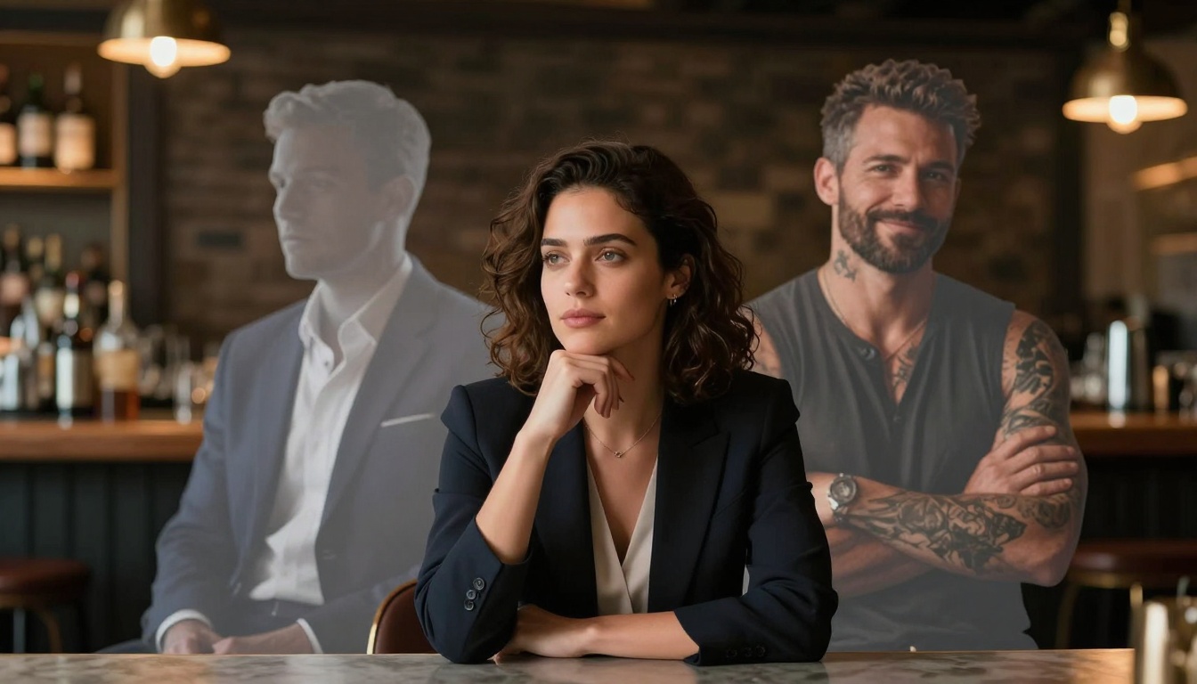 A woman with curly brown hair sits at a bar in a navy blazer, looking thoughtful. Behind her are two cardboard cutouts of men; one in a suit and another tattooed and smiling. The background shows a bar with bottles and warm lighting.