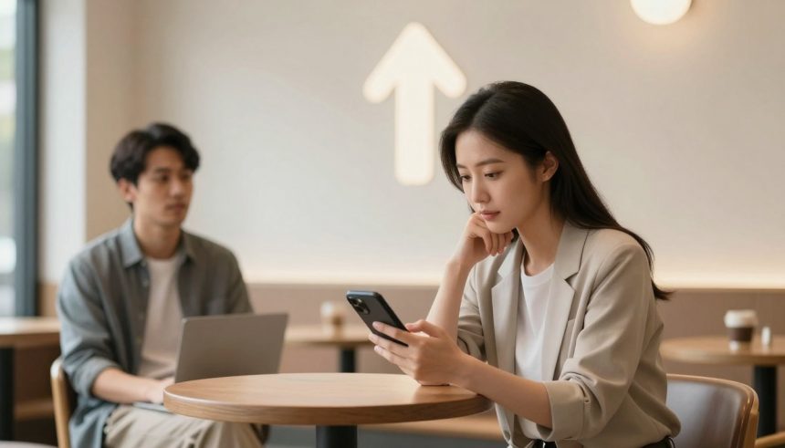 A woman in a beige blazer looks at her phone in a cafe, with a man in the background using a laptop. A large arrow symbol is on the wall.