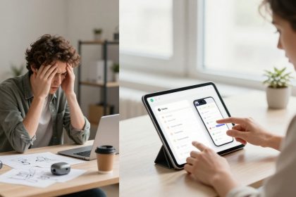 On the left, a person with curly hair looks stressed, holding their head with both hands at a desk with papers, a laptop, and a coffee cup. On the right, another person interacts with a tablet displaying an app interface in a bright room with a window and a small plant in the background.