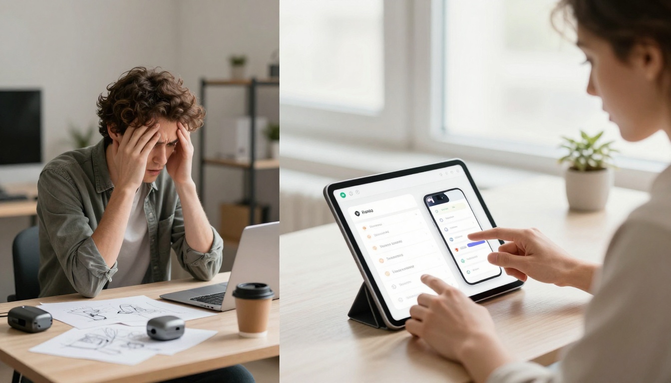 On the left, a person with curly hair looks stressed, holding their head with both hands at a desk with papers, a laptop, and a coffee cup. On the right, another person interacts with a tablet displaying an app interface in a bright room with a window and a small plant in the background.