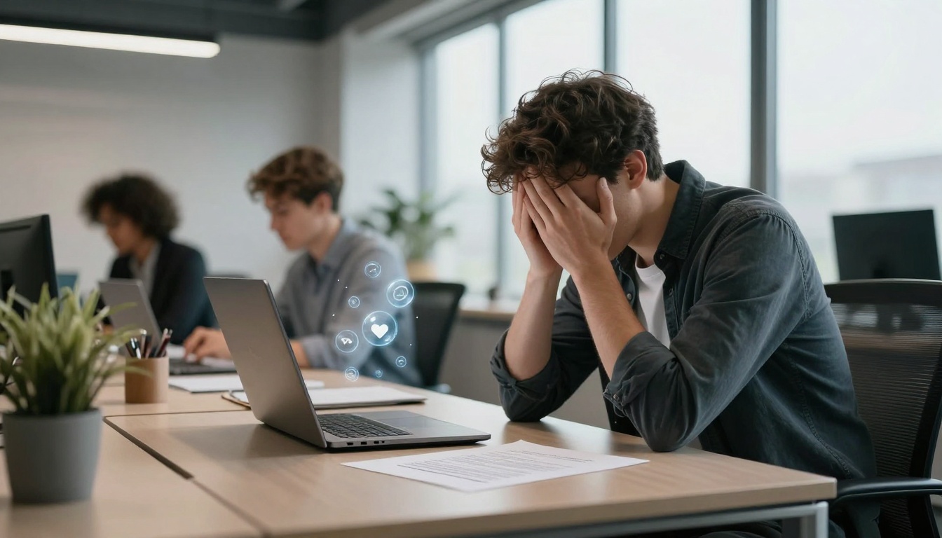 A person sitting at a desk with their head in their hands, looking stressed. A laptop is open in front of them with digital icons floating above it. Two other people work at computers in the background. A plant is on the desk.