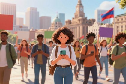 A group of animated people in a city square, holding signs and using smartphones. A woman with curly hair is in the foreground, looking at her phone. Buildings and flags are visible in the background.