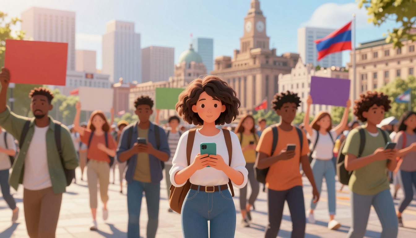 A group of animated people in a city square, holding signs and using smartphones. A woman with curly hair is in the foreground, looking at her phone. Buildings and flags are visible in the background.