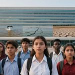 A group of serious-looking students stand in front of a modern building. They wear school uniforms and backpacks. Above them, images of environmental issues, including cracked earth, water with a bird diving, and melting ice, are overlaid on the building.
