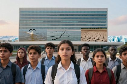 A group of serious-looking students stand in front of a modern building. They wear school uniforms and backpacks. Above them, images of environmental issues, including cracked earth, water with a bird diving, and melting ice, are overlaid on the building.