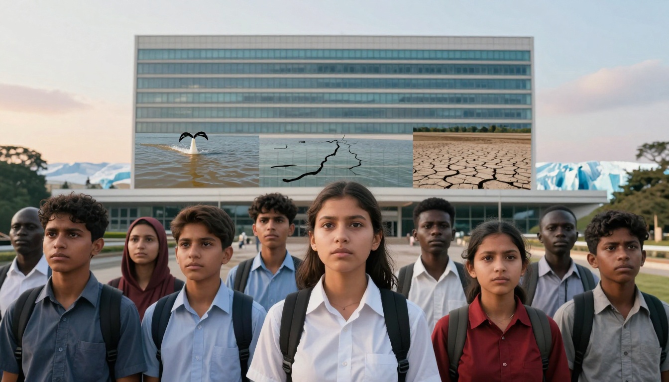 A group of serious-looking students stand in front of a modern building. They wear school uniforms and backpacks. Above them, images of environmental issues, including cracked earth, water with a bird diving, and melting ice, are overlaid on the building.