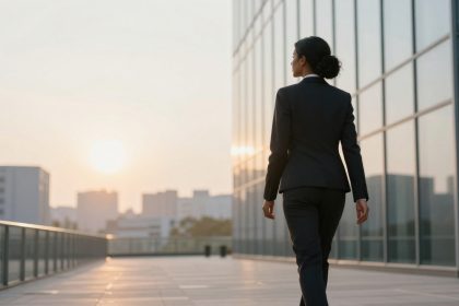 A person in a black suit walks on a rooftop terrace with glass railings, with the setting sun in the background and a city skyline visible.