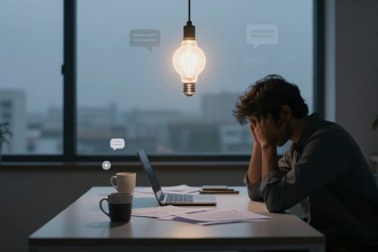 A person sits at a desk with their head in hands, in front of a laptop. Papers and mugs are scattered on the desk. A hanging light bulb is illuminated above. The background shows a large window with a blurred cityscape. Speech bubbles are floating near the person, suggesting communication or thought.