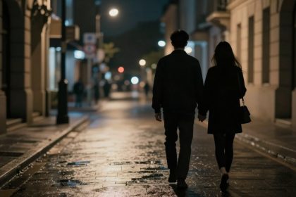 A couple walks hand in hand down a wet, dimly lit city street at night, surrounded by tall buildings and streetlights.