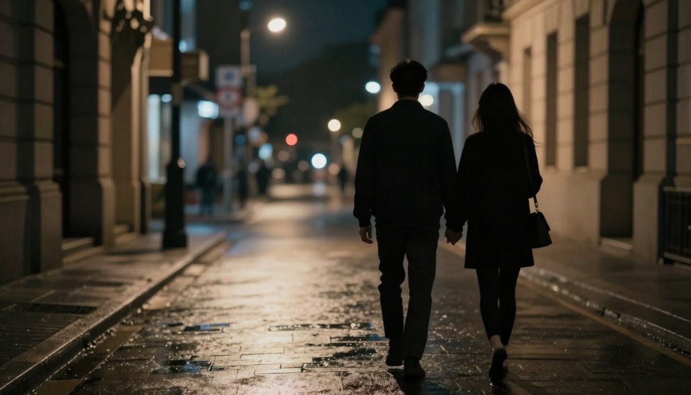 A couple walks hand in hand down a wet, dimly lit city street at night, surrounded by tall buildings and streetlights.