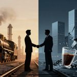 The image is split into two contrasting scenes. On the left, a vintage steam locomotive travels along railway tracks with industrial chimneys in the background, under a warm, sunset sky. Two silhouettes of men in suits are shaking hands in the foreground. On the right, a nighttime cityscape featuring modern skyscrapers is shown. A coffee cup is shattering, with pieces flying and chains on the ground, under a cool, dark sky.