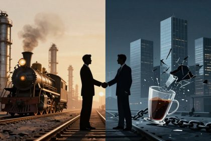 The image is split into two contrasting scenes. On the left, a vintage steam locomotive travels along railway tracks with industrial chimneys in the background, under a warm, sunset sky. Two silhouettes of men in suits are shaking hands in the foreground. On the right, a nighttime cityscape featuring modern skyscrapers is shown. A coffee cup is shattering, with pieces flying and chains on the ground, under a cool, dark sky.