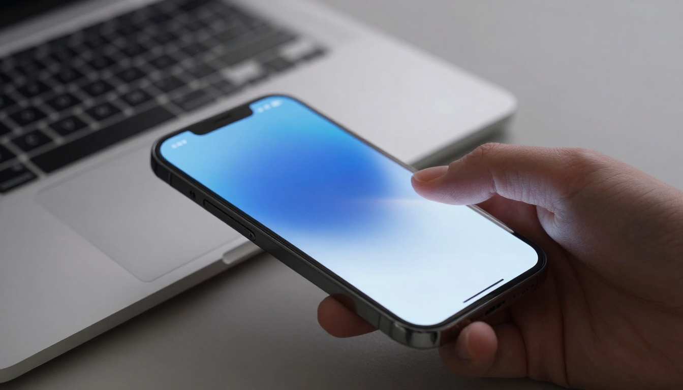 A hand holding a smartphone with a blue gradient screen, positioned above a silver laptop keyboard on a gray surface.