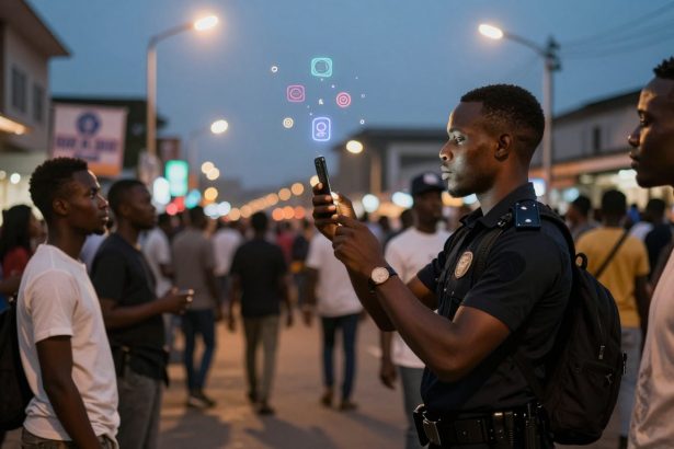 A police officer in uniform holds a smartphone on a bustling street at dusk. Colorful digital icons float above the phone. People walk nearby under streetlights.