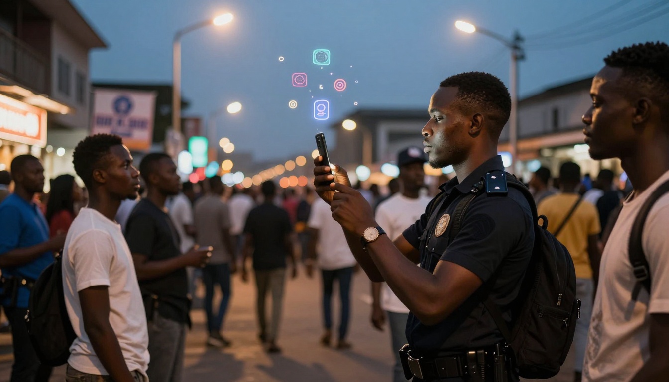 A police officer in uniform holds a smartphone on a bustling street at dusk. Colorful digital icons float above the phone. People walk nearby under streetlights.