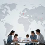 A family of four sits at a table, reading documents. Two adults and two children are focused on the papers. A world map with red arrows is on the wall behind them.