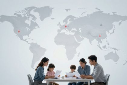 A family of four sits at a table, reading documents. Two adults and two children are focused on the papers. A world map with red arrows is on the wall behind them.