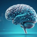 A digital illustration of a human brain with glowing blue circuitry patterns. In the blurred background, people in lab coats are observing.