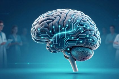 A digital illustration of a human brain with glowing blue circuitry patterns. In the blurred background, people in lab coats are observing.