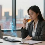 A woman in a gray suit drinks tea at a desk with a computer displaying a holographic image. A cityscape is visible through the window.