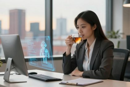 A woman in a gray suit drinks tea at a desk with a computer displaying a holographic image. A cityscape is visible through the window.
