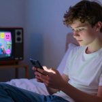 A teenage boy sits on a bed using a smartphone, illuminated by its screen. In the background, a retro TV displays a person gesturing with colorful emojis.