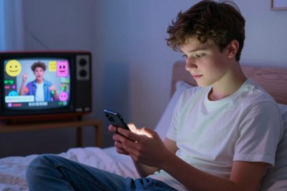 A teenage boy sits on a bed using a smartphone, illuminated by its screen. In the background, a retro TV displays a person gesturing with colorful emojis.