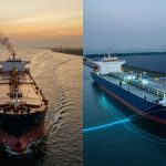 Split image showing two ships. The left side depicts a cargo ship emitting smoke on a waterway at sunset. The right side shows a docked cargo ship at night with illuminated facilities and solar panels.