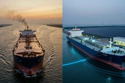Split image showing two ships. The left side depicts a cargo ship emitting smoke on a waterway at sunset. The right side shows a docked cargo ship at night with illuminated facilities and solar panels.