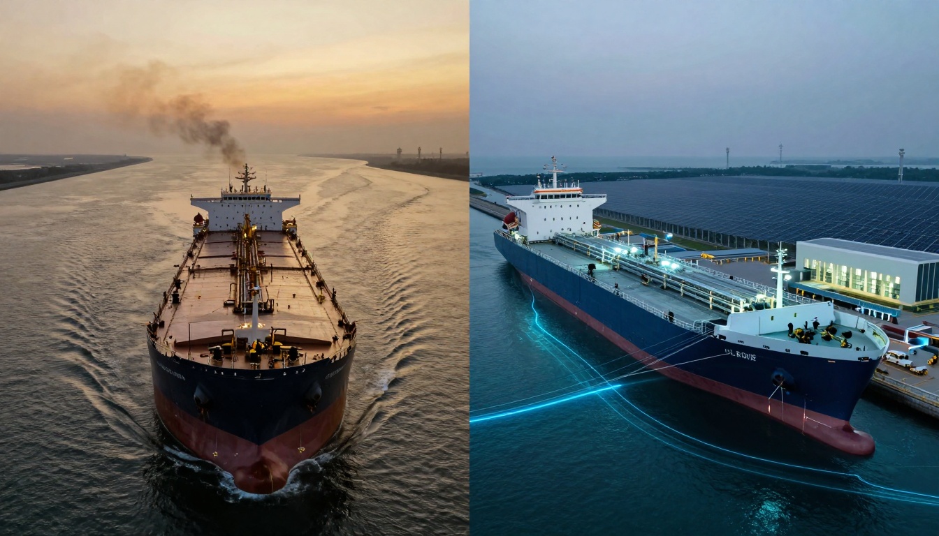 Split image showing two ships. The left side depicts a cargo ship emitting smoke on a waterway at sunset. The right side shows a docked cargo ship at night with illuminated facilities and solar panels.