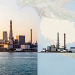 The image is split into two sections. The left side shows an industrial port with a cargo ship on the water and several smokestacks and buildings in the background during sunset. The right side features a map of North and South America with an industrial scene, including smokestacks and vehicles, aligned along the landmass.