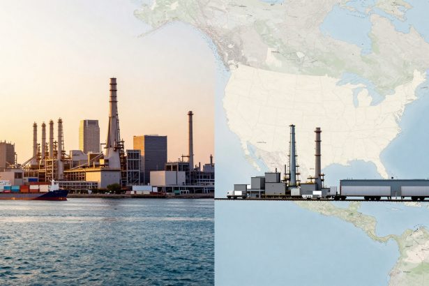 The image is split into two sections. The left side shows an industrial port with a cargo ship on the water and several smokestacks and buildings in the background during sunset. The right side features a map of North and South America with an industrial scene, including smokestacks and vehicles, aligned along the landmass.
