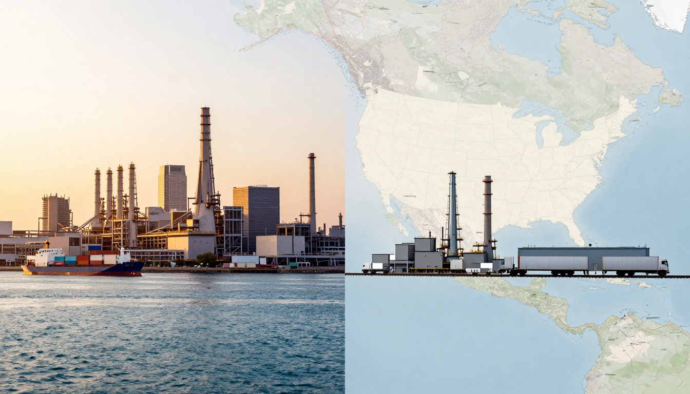 The image is split into two sections. The left side shows an industrial port with a cargo ship on the water and several smokestacks and buildings in the background during sunset. The right side features a map of North and South America with an industrial scene, including smokestacks and vehicles, aligned along the landmass.