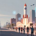 A rocket launches in a city street, surrounded by buildings and a crowd of people holding signs. A police car is parked on the road. A digital globe and a satellite are visible in the sky.