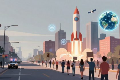 A rocket launches in a city street, surrounded by buildings and a crowd of people holding signs. A police car is parked on the road. A digital globe and a satellite are visible in the sky.