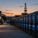 A row of illuminated server racks with blue and green lights stands on a sidewalk at dusk, next to a building. An oil rig is visible in the background.