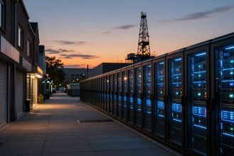 A row of illuminated server racks with blue and green lights stands on a sidewalk at dusk, next to a building. An oil rig is visible in the background.